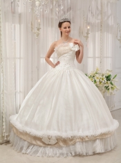 White Ball Gown Strapless Floor-length Taffeta Beading Quinceanera Dress