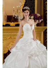 White Ball Gown Strapless Floor-length Taffeta Beading Quinceanera Dress