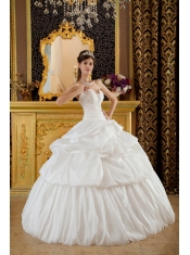 White Ball Gown Strapless Floor-length Taffeta Beading Quinceanera Dress