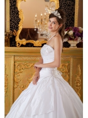 White Ball Gown Strapless Floor-length Tafftea and Tulle Appliques Quinceanera Dress