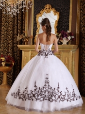 White Ball Gown Strapless Floor-length Tulle Embroidery Quinceanera Dress