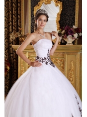 White Ball Gown Strapless Floor-length Tulle Embroidery Quinceanera Dress