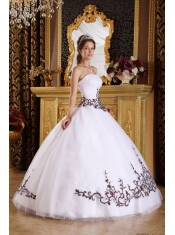 White Ball Gown Strapless Floor-length Tulle Embroidery Quinceanera Dress