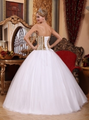 White Ball Gown Strapless Floor-length Tulle Sequins Quinceanera Dress