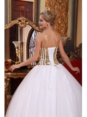 White Ball Gown Strapless Floor-length Tulle Sequins Quinceanera Dress