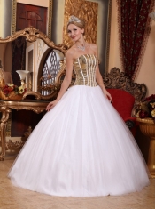 White Ball Gown Strapless Floor-length Tulle Sequins Quinceanera Dress