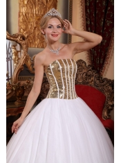 White Ball Gown Strapless Floor-length Tulle Sequins Quinceanera Dress