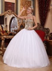 White Ball Gown Strapless Floor-length Tulle Sequins Quinceanera Dress