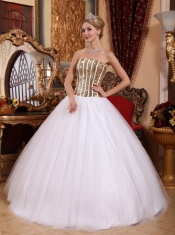 White Ball Gown Strapless Floor-length Tulle Sequins Quinceanera Dress