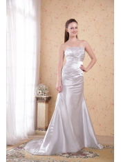 White Column Strapless Court Train Satin Appliques and Ruch Prom Dress