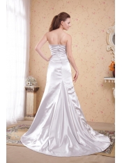 White Column Strapless Court Train Satin Appliques and Ruch Prom Dress