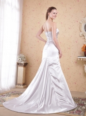 White Column Strapless Court Train Satin Appliques and Ruch Prom Dress