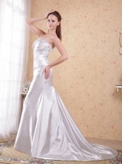 White Column Strapless Court Train Satin Appliques and Ruch Prom Dress