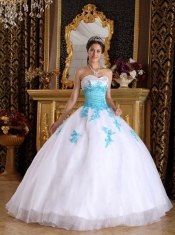 White with Blue Appliques Ball Gown Sweetheart Floor-length Appliques Organza Quinceanera Dress