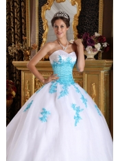 White with Blue Appliques Ball Gown Sweetheart Floor-length Appliques Organza Quinceanera Dress