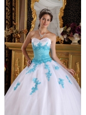 White with Blue Appliques Ball Gown Sweetheart Floor-length Appliques Organza Quinceanera Dress