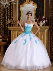 White with Blue Appliques Ball Gown Sweetheart Floor-length Appliques Organza Quinceanera Dress