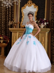 White with Blue Appliques Ball Gown Sweetheart Floor-length Appliques Organza Quinceanera Dress