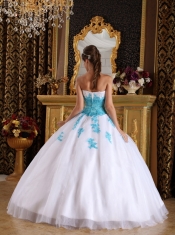 White with Blue Appliques Ball Gown Sweetheart Floor-length Appliques Organza Quinceanera Dress