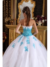 White with Blue Appliques Ball Gown Sweetheart Floor-length Appliques Organza Quinceanera Dress