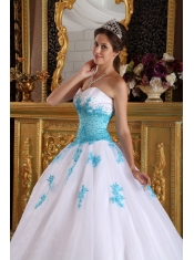 White with Blue Appliques Ball Gown Sweetheart Floor-length Appliques Organza Quinceanera Dress