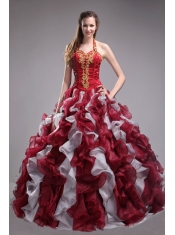 Wine Red and White Ball Gown Halter Floor-length Orangza Applqiues and Ruffles  Quinceanera Dress