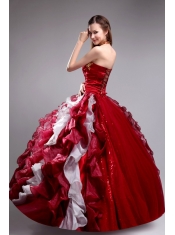 Wine Red and White Ball Gown Halter Floor-length Orangza Applqiues and Ruffles  Quinceanera Dress