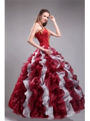 Wine Red and White Ball Gown Halter Floor-length Orangza Applqiues and Ruffles  Quinceanera Dress