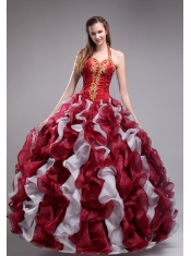 Wine Red and White Ball Gown Halter Floor-length Orangza Applqiues and Ruffles  Quinceanera Dress