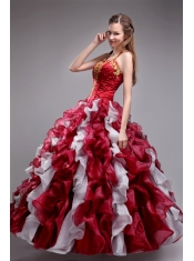 Wine Red and White Ball Gown Halter Floor-length Orangza Applqiues and Ruffles Quinceanera Dress