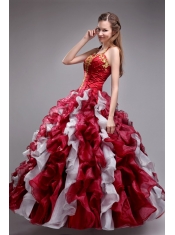 Wine Red and White Ball Gown Halter Floor-length Orangza Applqiues and Ruffles  Quinceanera Dress