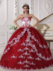 Wine Red and White Ball Gown Strapless Floor-length Organza Appliques Quinceanera Dress