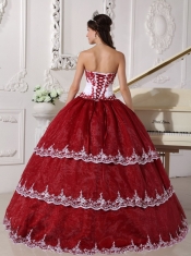 Wine Red and White Ball Gown Strapless Floor-length Organza Appliques Quinceanera Dress