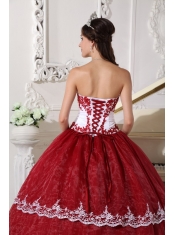 Wine Red and White Ball Gown Strapless Floor-length Organza Appliques Quinceanera Dress