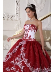 Wine Red and White Ball Gown Strapless Floor-length Organza Appliques Quinceanera Dress