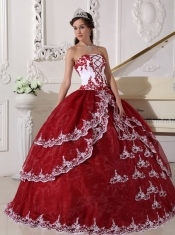 Wine Red and White Ball Gown Strapless Floor-length Organza Appliques Quinceanera Dress