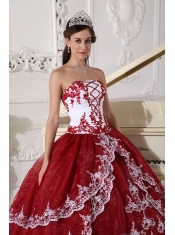 Wine Red and White Ball Gown Strapless Floor-length Organza Appliques Quinceanera Dress