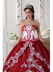 Wine Red and White Ball Gown Strapless Floor-length Organza Appliques Quinceanera Dress