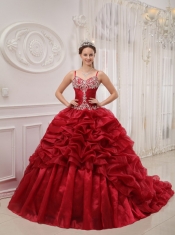 Wine Red Ball Gown Spaghetti Straps Court Train Organza Beading Quinceanera Dress
