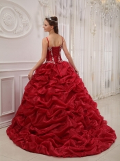 Wine Red Ball Gown Spaghetti Straps Court Train Organza Beading Quinceanera Dress