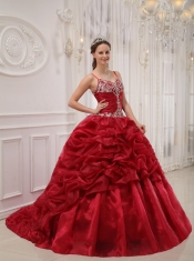 Wine Red Ball Gown Spaghetti Straps Court Train Organza Beading Quinceanera Dress