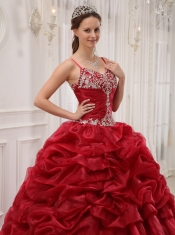 Wine Red Ball Gown Spaghetti Straps Court Train Organza Beading Quinceanera Dress