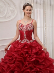 Wine Red Ball Gown Spaghetti Straps Court Train Organza Beading Quinceanera Dress