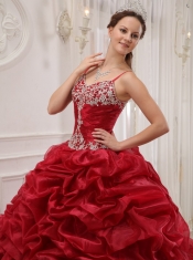 Wine Red Ball Gown Spaghetti Straps Court Train Organza Beading Quinceanera Dress