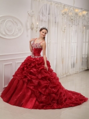 Wine Red Ball Gown Spaghetti Straps Court Train Organza Beading Quinceanera Dress