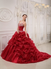 Wine Red Ball Gown Spaghetti Straps Court Train Organza Beading Quinceanera Dress