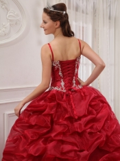 Wine Red Ball Gown Spaghetti Straps Court Train Organza Beading Quinceanera Dress