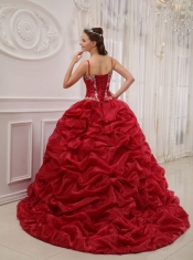 Wine Red Ball Gown Spaghetti Straps Court Train Organza Beading Quinceanera Dress