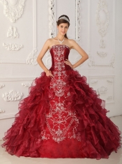 Wine Red Ball Gown Strapless Floor-length Satin and Organza Embroidery Quinceanera Dress