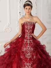 Wine Red Ball Gown Strapless Floor-length Satin and Organza Embroidery Quinceanera Dress